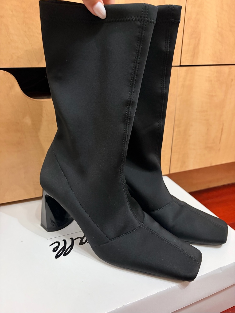Stretch Mid-Calf Block Heel Boots in Black